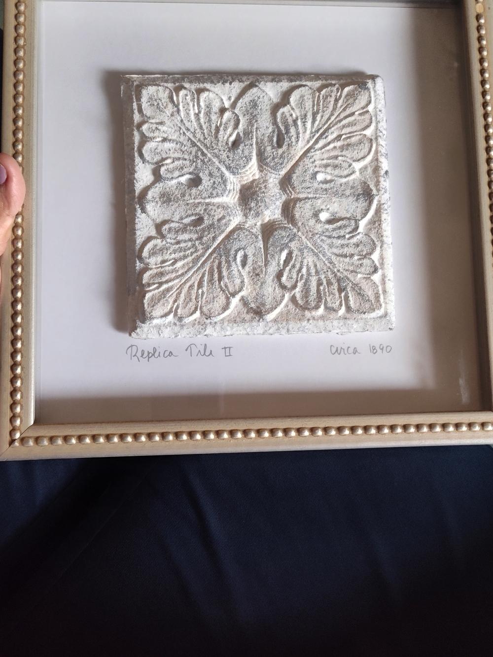 Textured White Decorative Tile Wall Art in Beaded Cream Frame